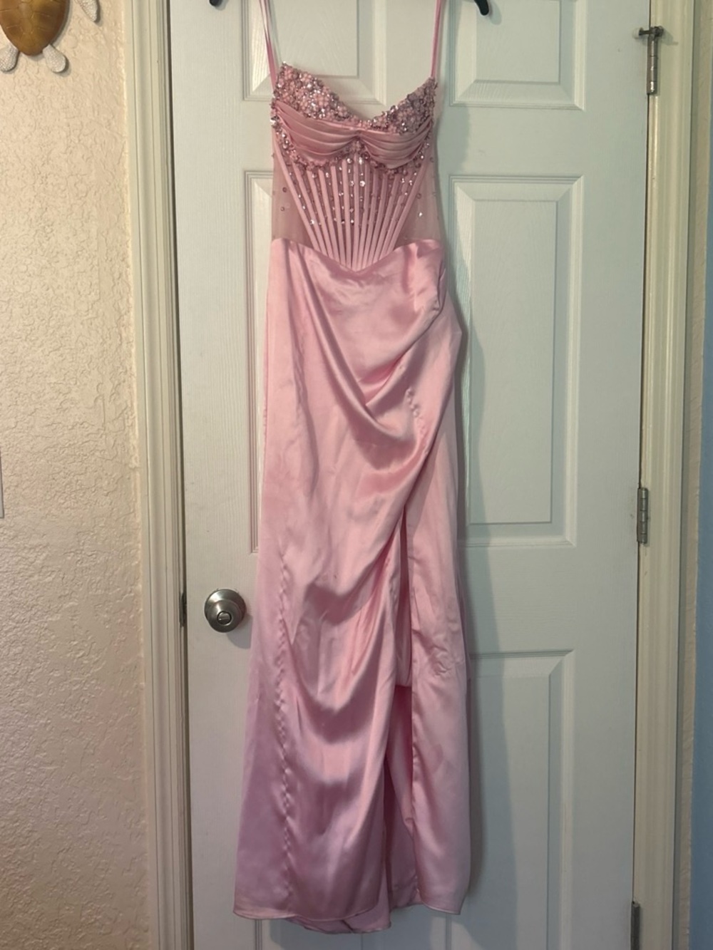 Beaded Light Pink Satin Prom Gown with Spaghetti Straps